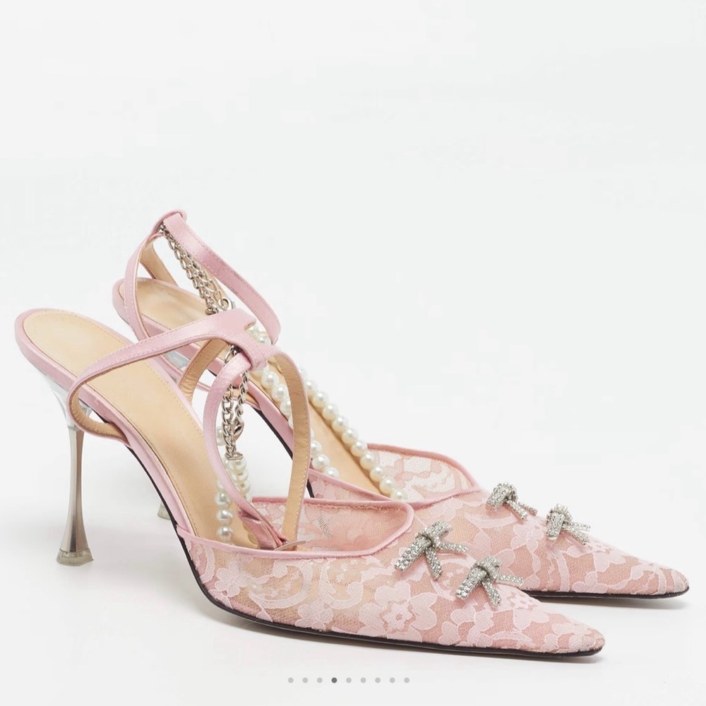 MACH & MACH Pink Lace Pearl Embellished Slingback Heels